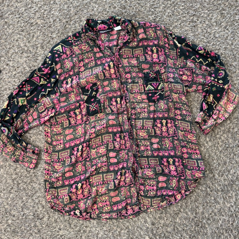 FRANTIK Bohemian Print Button Up Shirt Women's Long Sleeve eclectic Abstract ‎ L